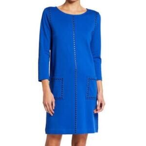 Joan Vass Cobalt Blue Shift Dress w/ Pockets Studded Pullover Cotton - Small / 0
